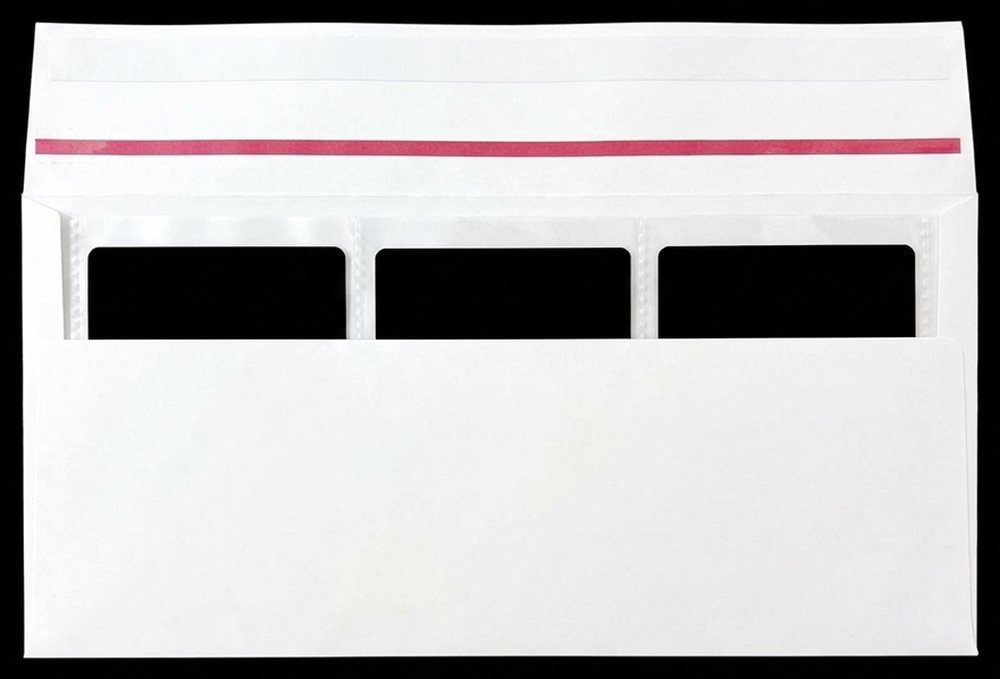 A TCG Envelopes #10 envelope open, showing the built-in three-pocket card strip and the red easy-open tear strip